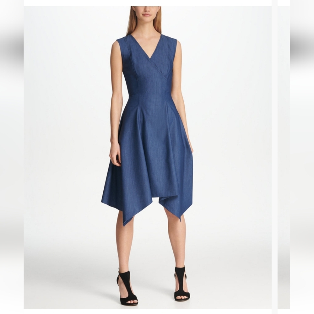 DKNY Denim V-Neck Handkerchief Hem Dress